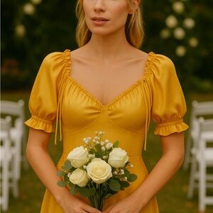 👗Anthropologie Yellow Midi Dress S 4 6 Boho Cottagecore Puff Sleeve Ruffle Trim